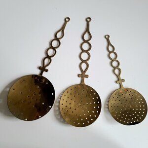 Set of 3 large vintage brass strainers/skimmers/chestnut roasters.